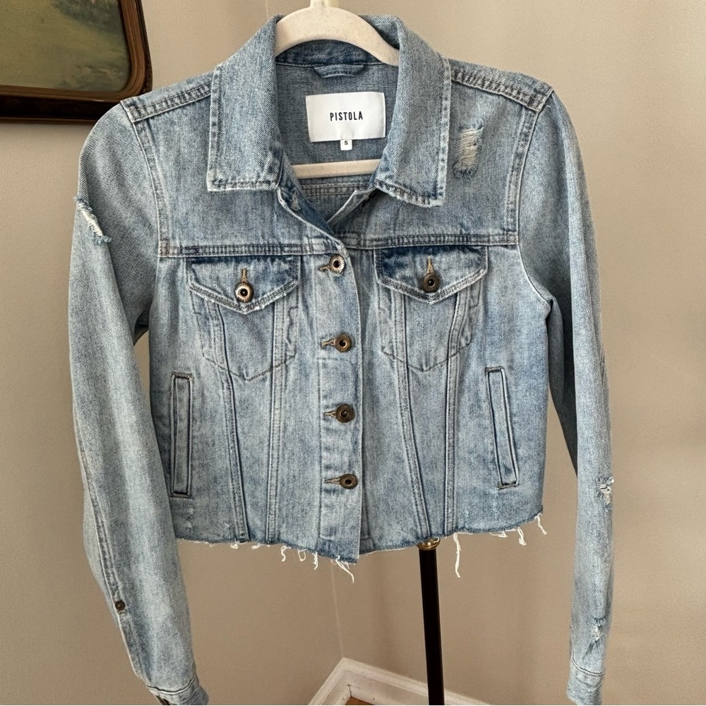 Pistola Brando Distressed Cropped Denim Trucker Jacket Size Small